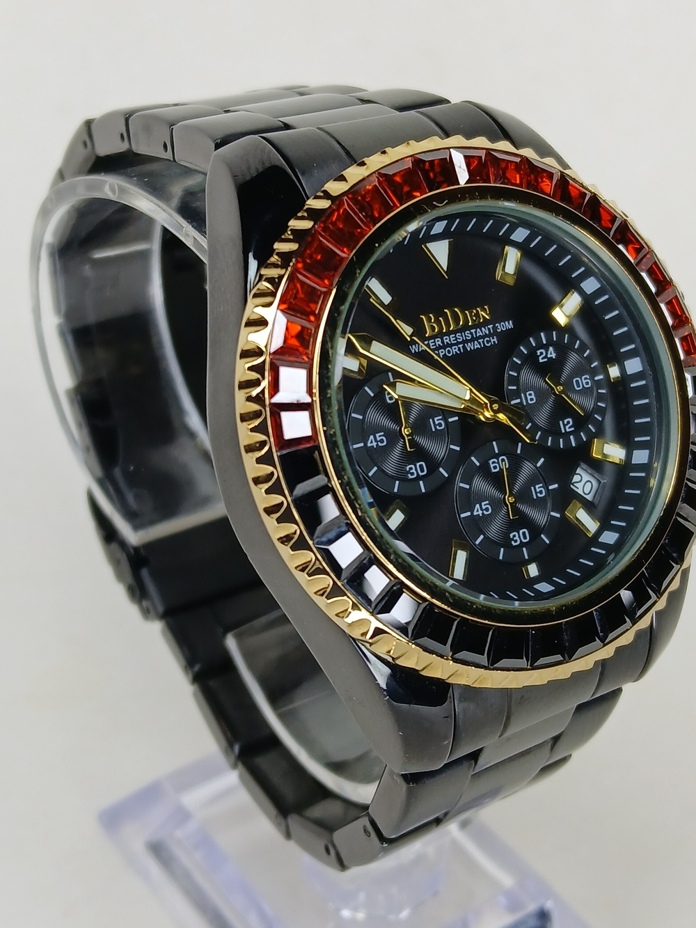 BIDEN Mens Watch Black Stainless Steel Red Bezel Chronograph Quartz Sport Date